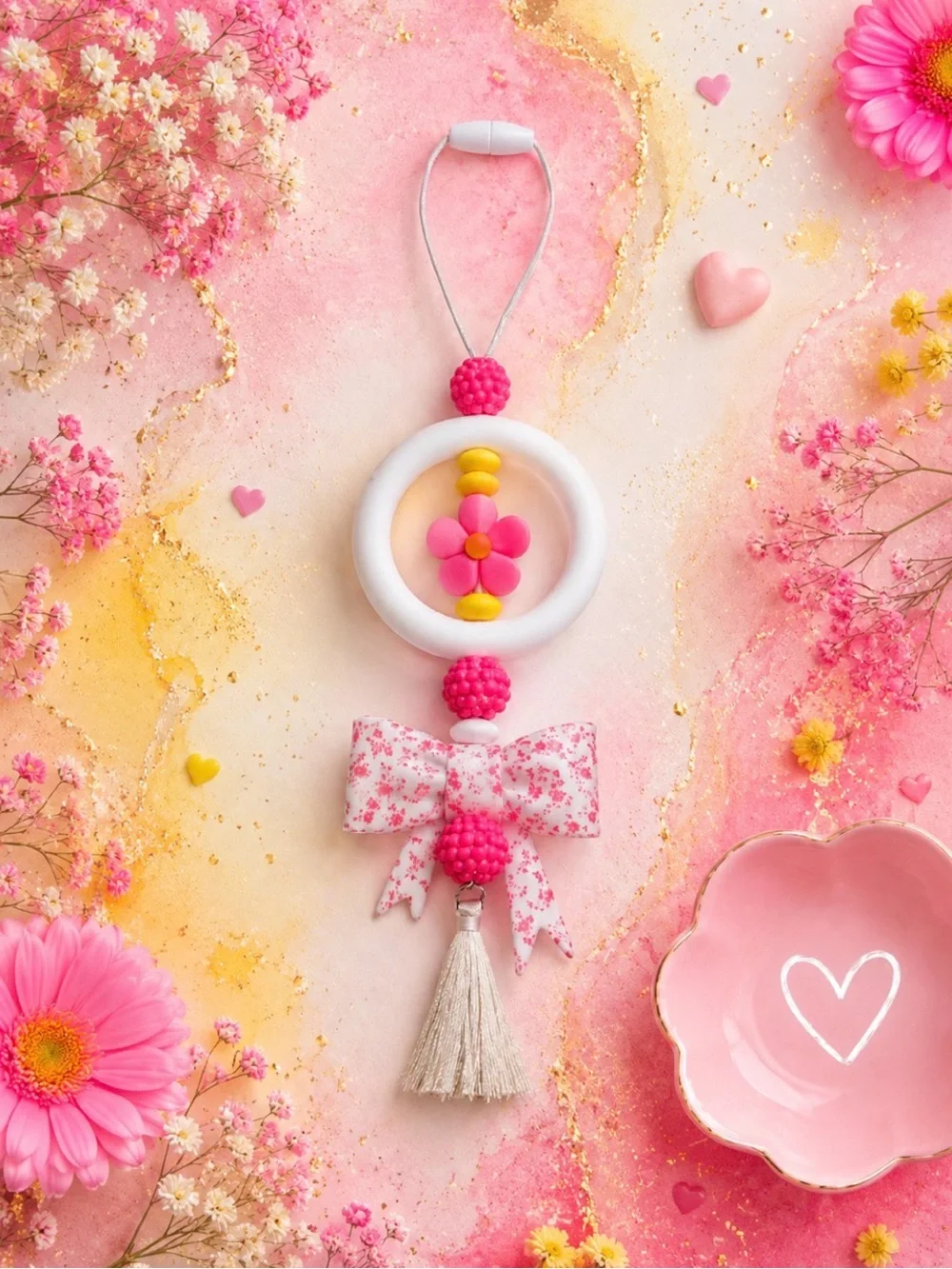 Handmade Pink Floral Bow Tassel Car Charm